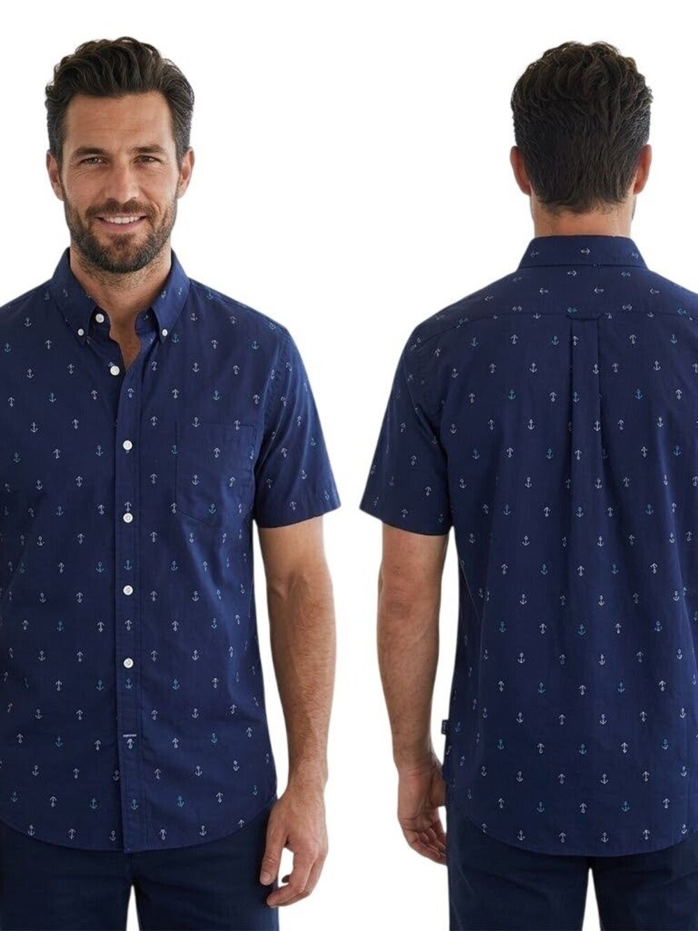 Izod Men Shirt Large Blue Nautical Anchor Print Navy Blue Short Sleeve Button Up